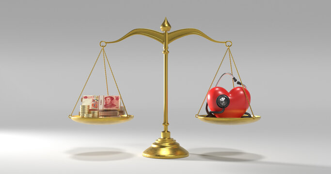Gold balance scale weighing Chinese yuan money against a heart with a stethoscope