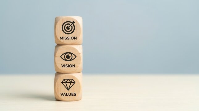 A modern stacking design of wooden cubes representing mission, vision and values on a grey background.