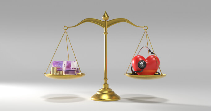 Gold balance scale weighing euro banknotes against a heart with a stethoscope