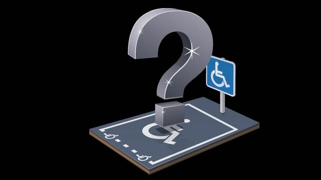 Animated 3D question mark levitating over handicapped parking space representing access confusion, rights debate, or uncertainty. Chroma key green screen with alpha channel. (loopable)