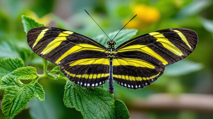 Naklejka premium vibrant yellow and black zebra longwing butterfly on a leafy background