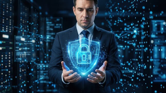 Cyber security concept featuring a businessman guarding private data and financial information via encryption.
