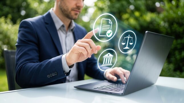 A professional managing legal compliance and e-document verification for digital governance.
