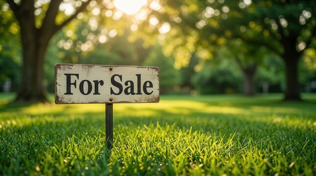 Real estate sign for sale placed on a manicured green grass field.