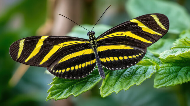 vibrant yellow and black zebra longwing butterfly on a leafy background