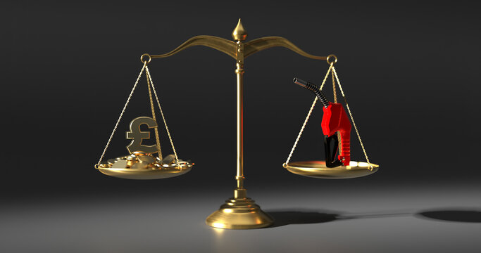 Gold balance scale weighing gold pound sterling symbols against a fuel pump nozzle