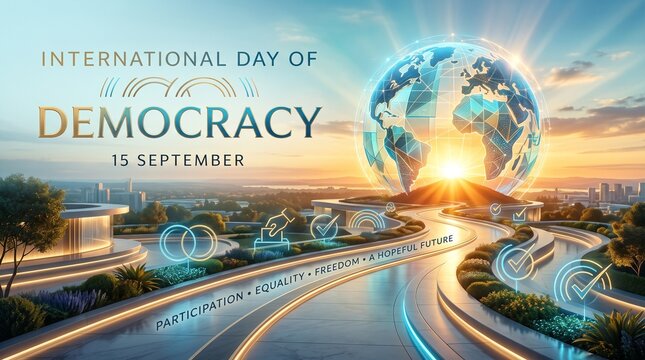 International day of democracy celebration with earth dove cityscape