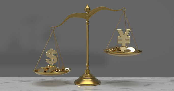 Gold dollar symbol outweighing the chinese yuan symbol on a balance scale