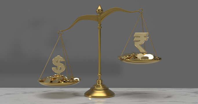 Gold dollar symbol outweighing the indian rupee symbol on a balance scale