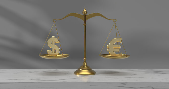 Gold dollar symbol and euro symbol in perfect balance on a gold scale