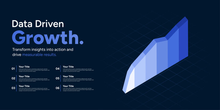 Data driven growth banner design with isometric rising chart graph and six numbered list points on dark background