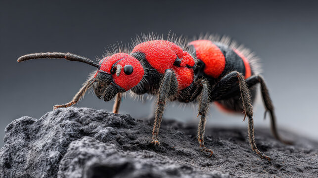 vibrant red velvet ant on black charcoal background