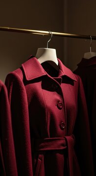 ハンガーに掛けられた赤色のウールコート。ボタンとベルトが付いた冬の婦人服。ブティックに陳列された上質な外套