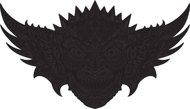 Intricate black demon monster head silhouette vector illustration with wings and detailed abstract tribal mask patterns