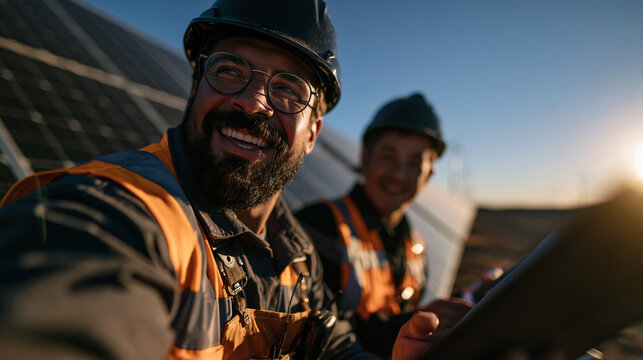 Happy Solar Engineer Working with Colleague at Solar Farm