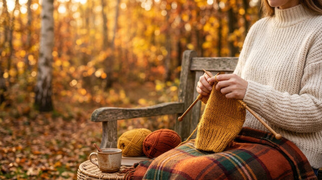Woman Knitting Mustard Yellow Woolen Sweater on Park Bench in Autumn Forest