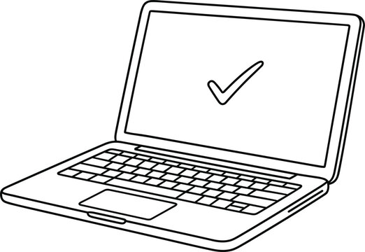 Laptop computer with check mark on screen line art icon vector illustration isolated on white