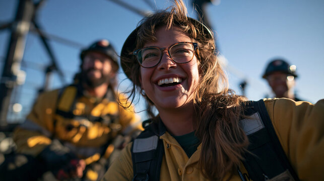 Smiling Female Worker Wearing Hard Hat and Safety Gear Outdoors