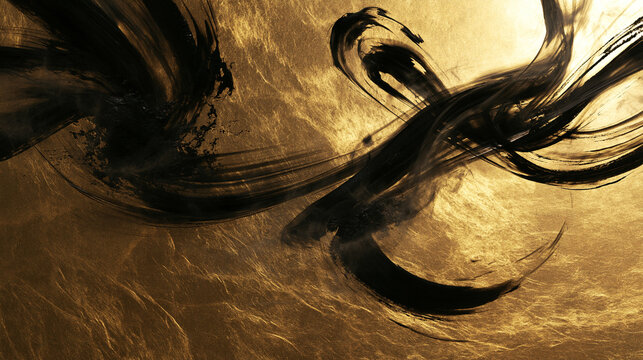 Abstract Japanese Calligraphy Ink Strokes on Gold Foil Background