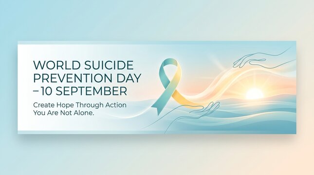 World suicide prevention day awareness poster with hopeful sunrise over calm