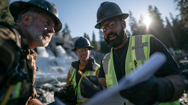 Civil Engineers Reviewing Blueprints at Hydropower Dam Construction Site