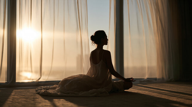 Woman Meditating in Lotus Pose by Window at Sunrise