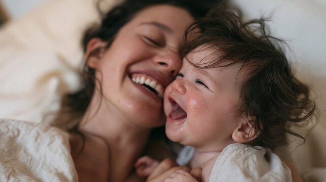 Happy Mother Cuddling and Laughing with Baby in Bed