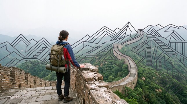 Woman Backpacker Standing on Great Wall of China with Graphic Sketch