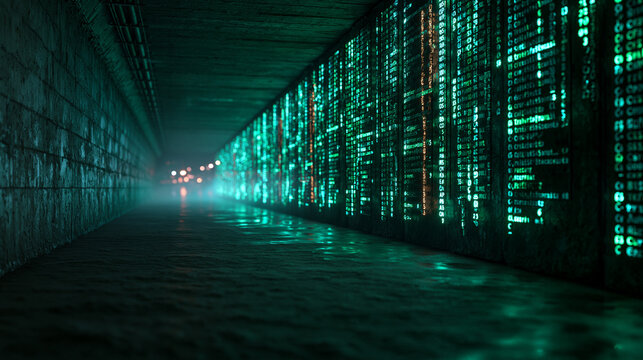Digital Matrix Code Glowing in Dark Underground Tunnel