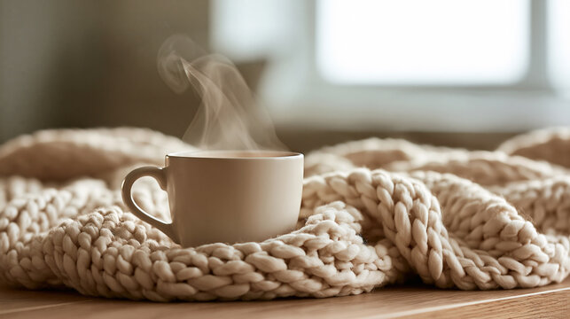 Steaming Cup of Coffee Wrapped in Cozy Knitted Blanket