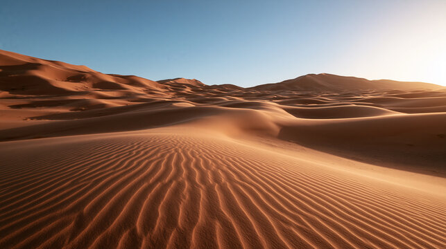 Desert Sand Dunes with Wind Ripple Patterns at Sunset