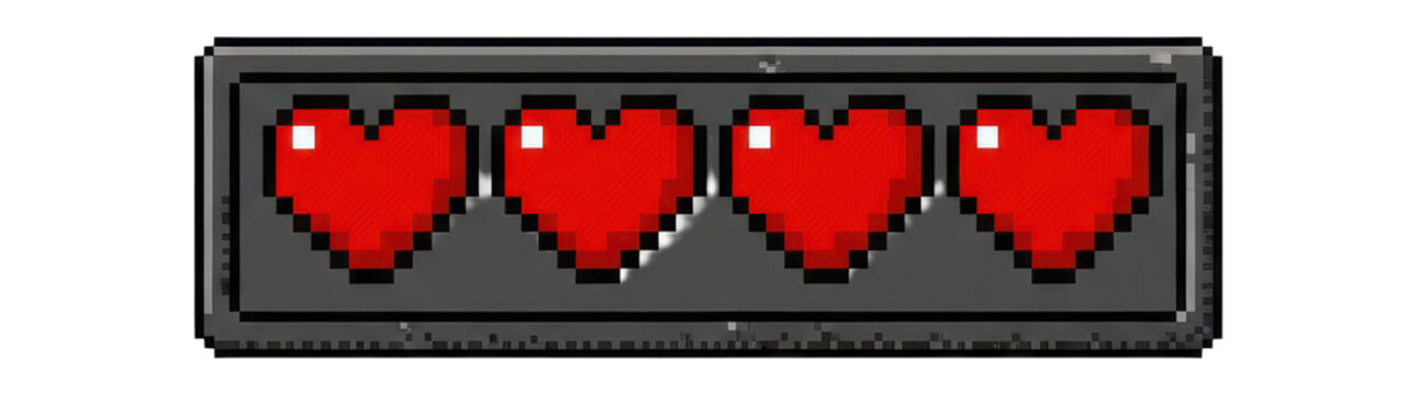 A pixel art health bar with four vibrant red heart icons, blocky 8-bit style, clean and isolated on a solid white background, depicting a retro gaming UI element. Classic video game experience
