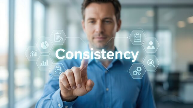 Reliable performance and workflow management illustrated by a man interacting with Consistency concept icons.