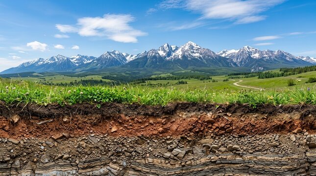 A detailed cross section of earth depicting soil layers under a landscape of mountains and clouds.