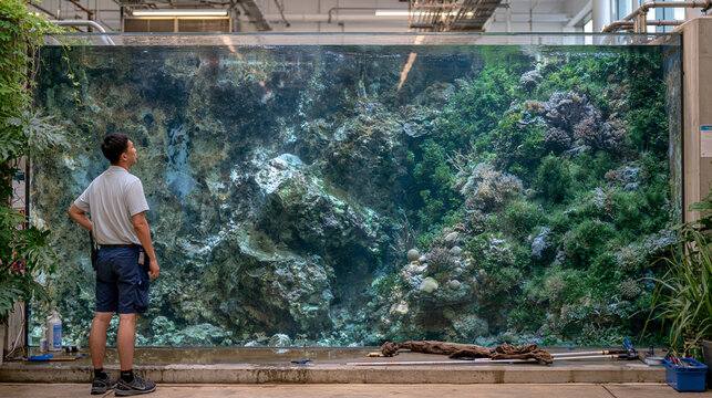 Aquarium keeper at the edge of a large reef tank on a dramatic overcast rooftop marine facility, before-and-after concept showing depleted coral zones beside a thriving restored section, feeding too