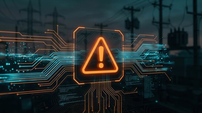 Power outage threat illustrated by a digital interface displaying a cyber-attack on the electrical grid.