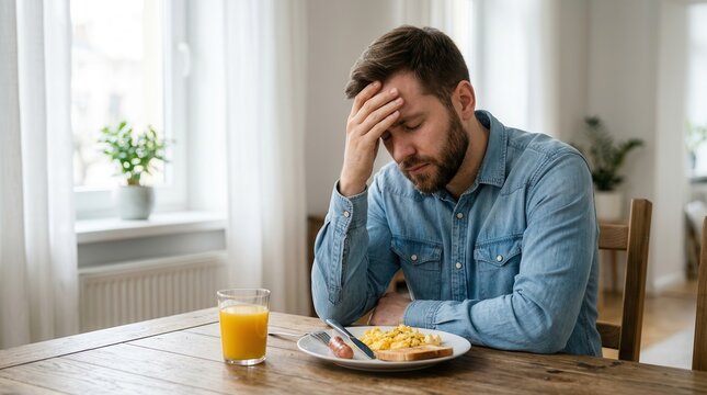 Stressed man experiencing discomfort while sitting before a meal and glass of juice.