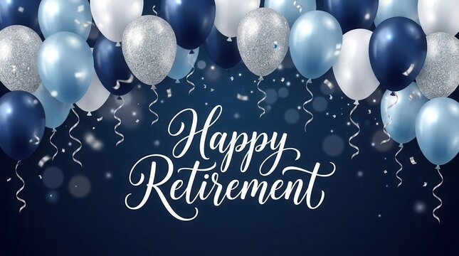 Elegant Happy Retirement message on a deep blue backdrop with festive balloons and confetti.