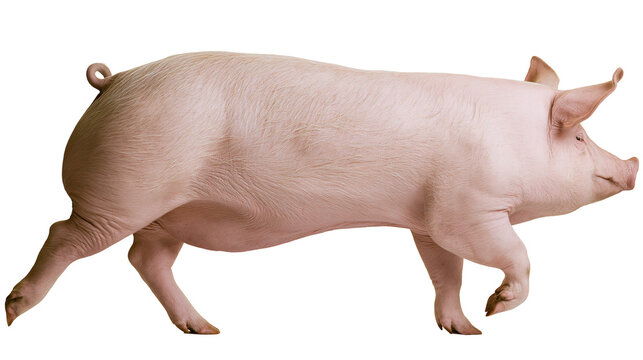 Pink pig walking side view with curly tail