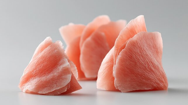 花びらのように重なるピンク色の生姜の甘酢漬け。寿司のガリのスライス。和食の彩りと瑞々しい質感