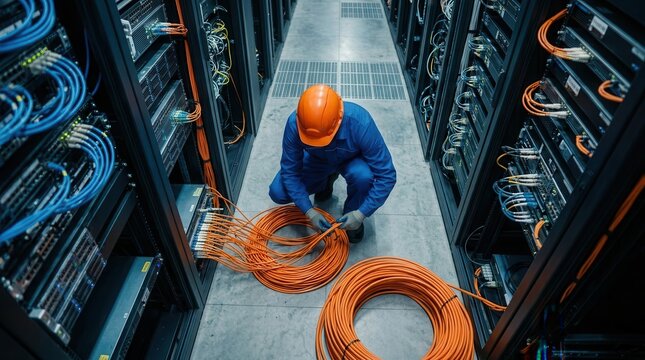 Worker handling orange fiber optic cable connections during a data center network installation.
