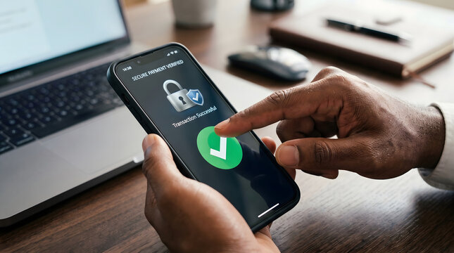 Close up of African American hands holding a smartphone with a secure payment verified and transaction successful screen for mobile banking apps.