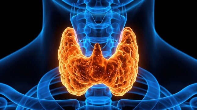 Close up medical visualization of the human thyroid gland and neck anatomy with blue skeletal overlay.