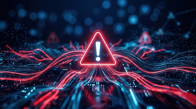 System overload alert with a red warning triangle amidst flowing digital data streams.
