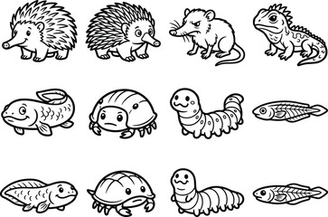 Fototapeta premium Cute Wildlife Animal Silhouette Vector Collection Featuring Small Mammals Fish and Reptile Illustrations