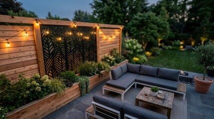 Fototapeta premium Modern backyard patio with outdoor sofa, garden plants, wood privacy wall and glowing string lights at dusk. Stylish home landscaping and evening entertaining space.