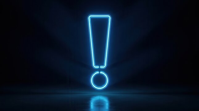 Electric blue neon exclamation mark symbol representing attention and warning on a dark surface.