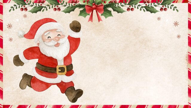 Watercolor cheerful running santa background presentation on paper with candy cane border