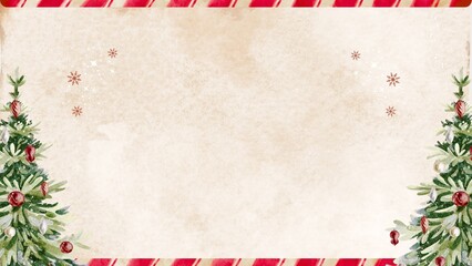 Vintage paper christmas background presentation with decorated pine trees and candy border © SADANAN