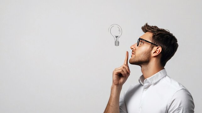 Man with Glasses Thinking About a New Idea with a Lightbulb Above.